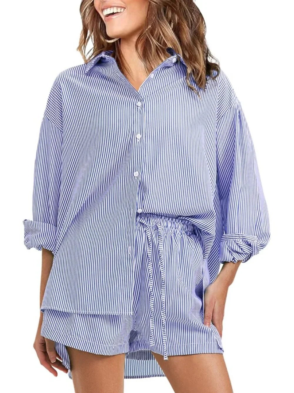 Women's Cotton Summer 2 Piece Sets Long Sleeve Button Down Shirts Matching Short